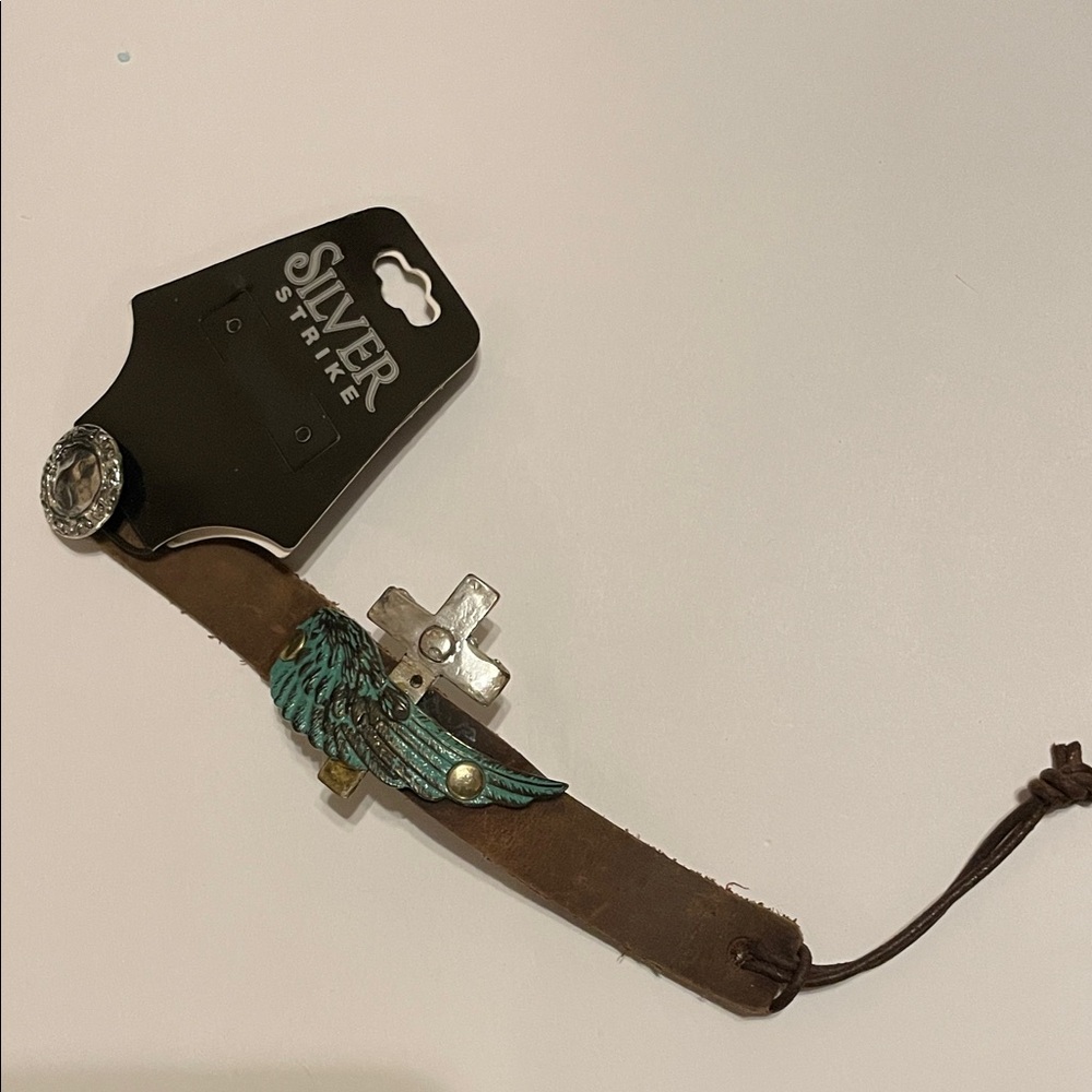 Silver Strike Leather Bracelet with Wing & Cross Accents